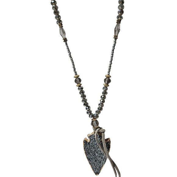 Handcrafted Druzy Crystal Arrowhead Pendant Necklace Beaded Chain Leather Tassel - Picture 1 of 6